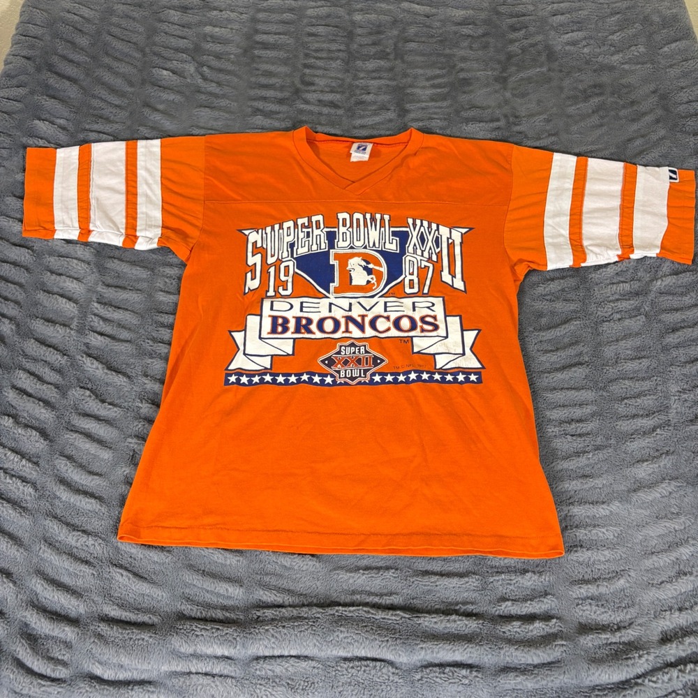 Vintage 1987 Denver Broncos Super Bowl XXII Logo 7 V-Neck Striped Shirt Large